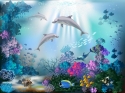 Povandeninis pasaulis su delfinais ir augalais 